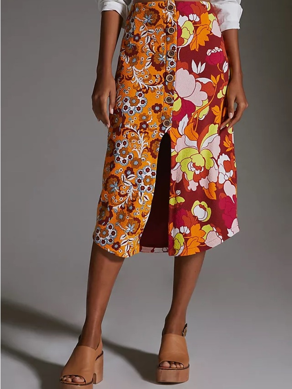 Anthropologie Maeve Two-Tone Floral Button-Front Midi Skirt